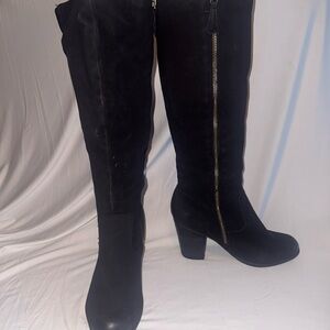 Suede Look Black Wide Calf Knee High Boots